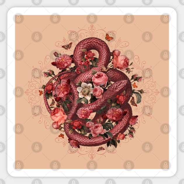 Pink Snakes and Roses Sticker by DarkMaskedCats